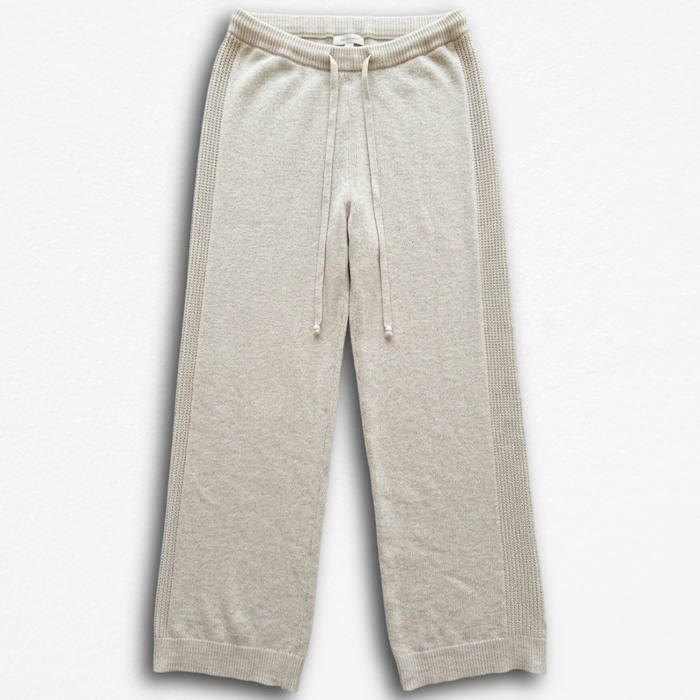 Auden Womens Knit Lounge Pants Oatmeal Beige Wide Leg Drawstring Cotton Blend M